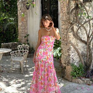 12th Tribe LaBelle Strapless Drop Waist Pink Floral Maxi Dress Size MM